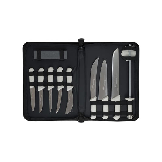 Starrett Professional Butchers Knife Set - 11 Pieces Stainless Steel White Ergonomic Handles Kitchen Chef Knife - Includes Boning Skinning Steak