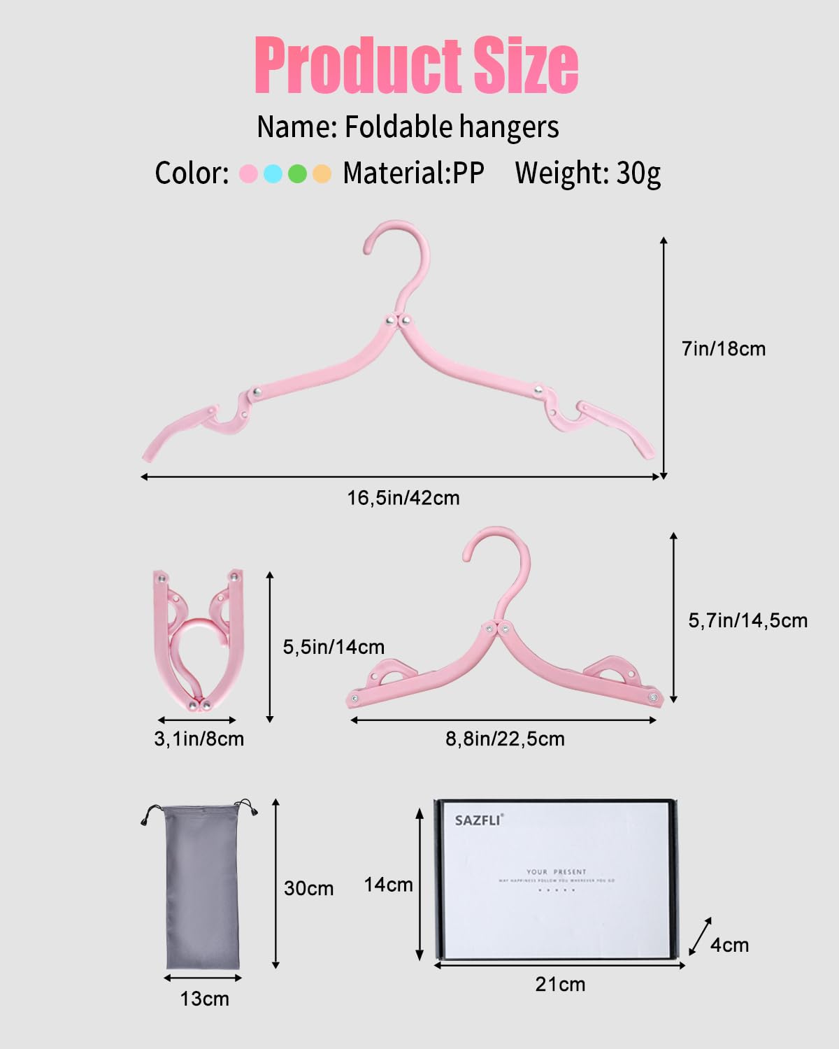 Sazfli 8-Pack Foldable Travel Hangers – Multi-Color (Pink, Blue, Green, Orange), Compact 5.5×3 in, Non-Slip