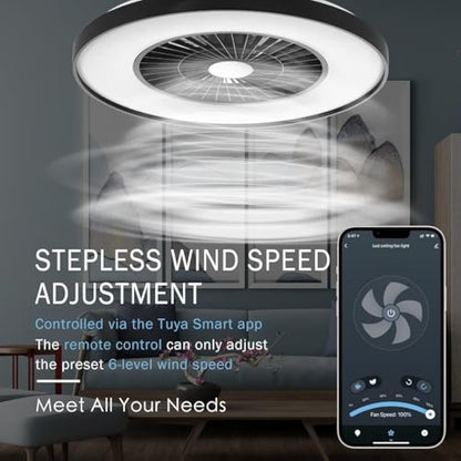 BKZO Smart LED Ceiling Light with Fan, Ceiling Fan Lights Stepless Wind Speed Adjustment, Stepless Dimming Light, Modern Fan Lighting, 3000-5500K, Black Frame