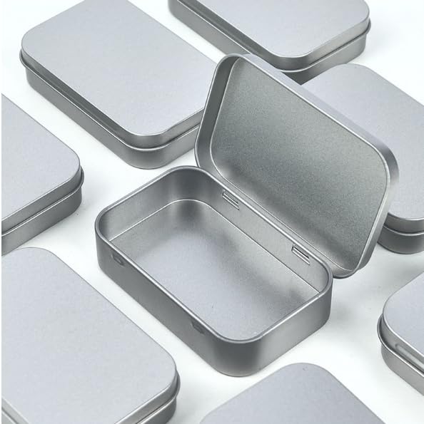 VansenKunda 6 Pack Metal Storage Tins with Hinged Lids Silver Rectangular Organiser Boxes