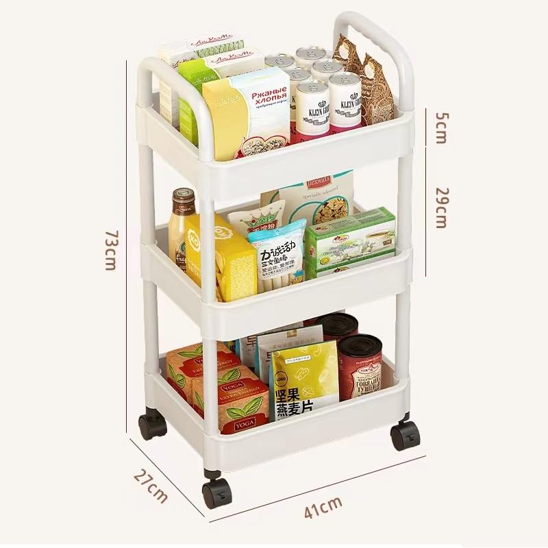 Multibao 3 Tier Storage Trolley Cart on Wheels Plastic Mobile Rolling Trolley For Kitchen Bathroom Laundry Rolling Rack 27D x 39W x 73H CM (White)