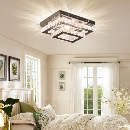 Finktonglan Crystal LED Ceiling Light Modern Rectangular Ceiling Lamp K9 Stainless Steel Flush Mount Chandelier Ceiling Lights Fixture for Living Room Bedroom Dining Room(Dimmable)