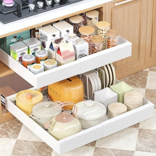 Ronlap Slide Out Drawer, Extendable Pull Out Cabinet Organizer Kitchen Cupboard, 43CM x 29-45 CM Extendable Sliding Drawer, No Drilling and Nailing, Kitchen Storage White