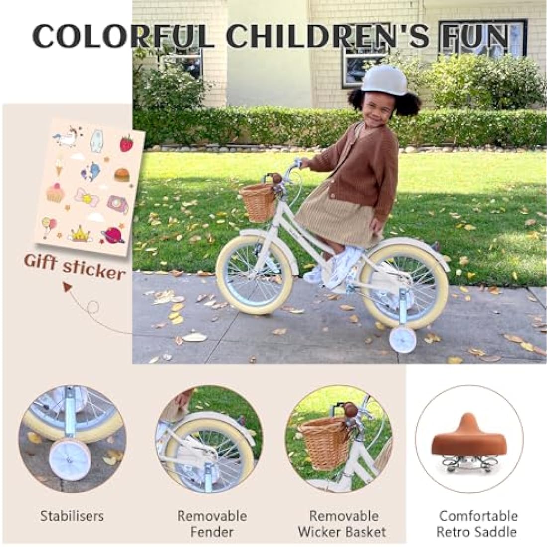 Glerc Little Molly 16 Inch Kids Retro Girls Bike for 2-13 Year Old with Wicker Basket & Stabilisers/Kickstand, Multiple Colors