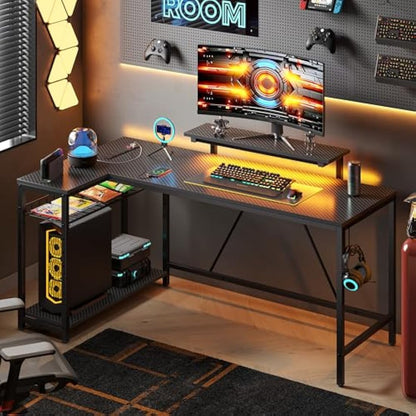 Bestier 147CM L-Shaped Gaming Desk with RGB Lights & Power Outlets, Reversible Corner PC Workstation with Storage & Hooks for Gamers or Home Office