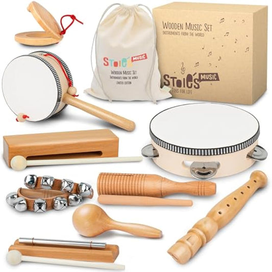 Stoie's Wooden Kids Musical Instruments for 1-9 years old, with Drum, Hand Bells, Flute, Maracas, Castanet, Tambourine, for Babies and Toddlers, Durable, Safe, Montessori Educational Toy, Storage Bag