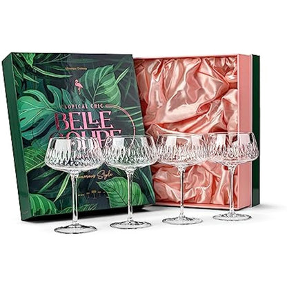 GLASSIQUE CADEAU Vintage Flamingo Belle Coupe Glasses for Cocktails and Champagne | Set of 4 | 340 ml Crystal Retro Style Stemmed Saucers for Elegant Bar Drinks | Tropical Glassware Collection