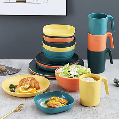 Kyraton Plastic Dinnerware Sets of 20 Pieces, Unbreakable and Reusable Light Weight Plates Mugs Bowls Dishes Easy to Carry and Clean Microwave Safe BPA Free Service for 4 Dishwasher Safe(Mutil Color)