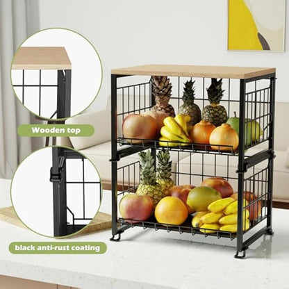 UMDONX Fruit Rack,Kitchen Countertop Wire Storage Basket,Vegetable Rack,Fruit and Veg Storage 2 Layers (Black)