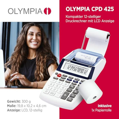 OLYMPIA Business Calculator with Paper Roll, 2.5 inches LCD Display, Blue, Desktop Format, Battery Powered, Ideal for Office and Home Use