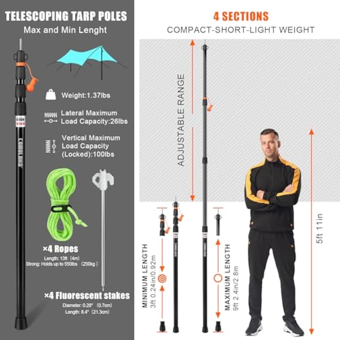 CAMULAND Heavy Duty Tent Poles Set of 2, 34.5” - 110.2” Aluminum Tent Poles for Adjustable, Portable Replacement Telescoping Tent Poles for Camping, Hammock and Awning-4 Section