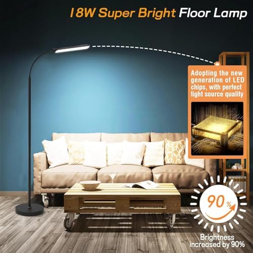 LED Uplighter Floor Lamp Adjust freely, 18W 1800LM Dimmable Floor Standing Lamp with Remote & Touch Control, 1min Installation, Standard Eye Caring Reading Lamps Living Room Modern for Bedroom (Black)