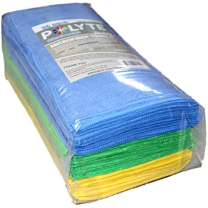 POLYTE Premium Microfibre Cleaning Towel, 40x40 cm, 36 Pack, Blue,Green,Yellow