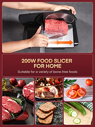 FOHERE Electric Meat Slicer Machine 200W for Home Use, with 2 Removable Stainless Steel Blade(Smooth/Serrated) and Food Pusher, Safety Switch, 0-15mm