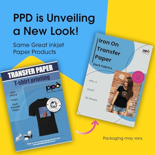 PPD Iron on Transfer Paper for Dark Fabric Compatible with Inkjet Printer, A4, 8.5 x 11 Printable T Shirt Heat Transfer Papers, Custom Print Photo, Durable, Flexible & Machine Washable (50 Sheets)