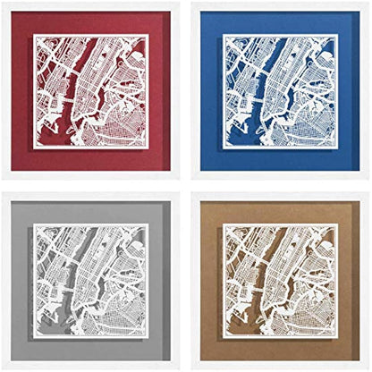 O3 DESIGN STUDIO New York Paper Cut Map framed, White map, White frame, 9x9 inches, Gift Boxed, 4 background color, self-changing, Paper Art