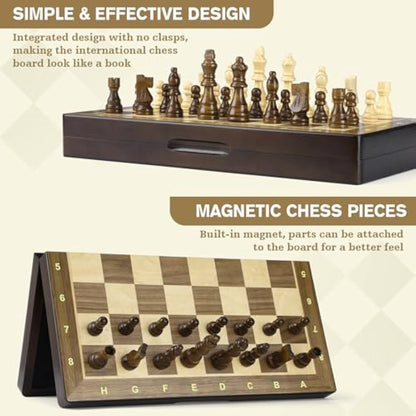 Peradix Chess Set and Draughts Board Games 2 in 1 Set | 15" Magnetic Foldable Walnut Wooden Chess Checkers Board | 2 Extral Queen | Educational Toy Set for Adults and Kids