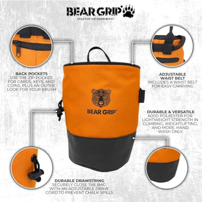 BEAR GRIP Premium Chalk Bag Bundle Pack for Rock Climbing with Waist Belt Chalk Ball and Brush.