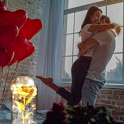 TINYOUTH Golden Rose in Glass Dome Black Wooden Base, Light Up 24K Eternal Rose Batteries Included for Wedding Anniversary Mama Valentines Christmas Birthday