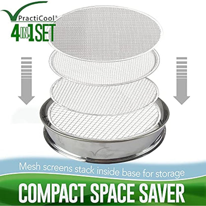 Practicool garden potting mix sieve - stainless steel riddle - soil sifting pan - with 4 interchangeable filter mesh sizes - 3,6,9,12 mm and bonus spade