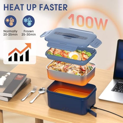 Monteka Electric Lunch Box for Adults, 100W Heated Lunch Box with Spoon, Fork and Insulated Lunch Bag, 1.8L Large 304 SS Container, 12V/24V/230V Electric Lunchbox for Car Truck Home, Gifts for Lover