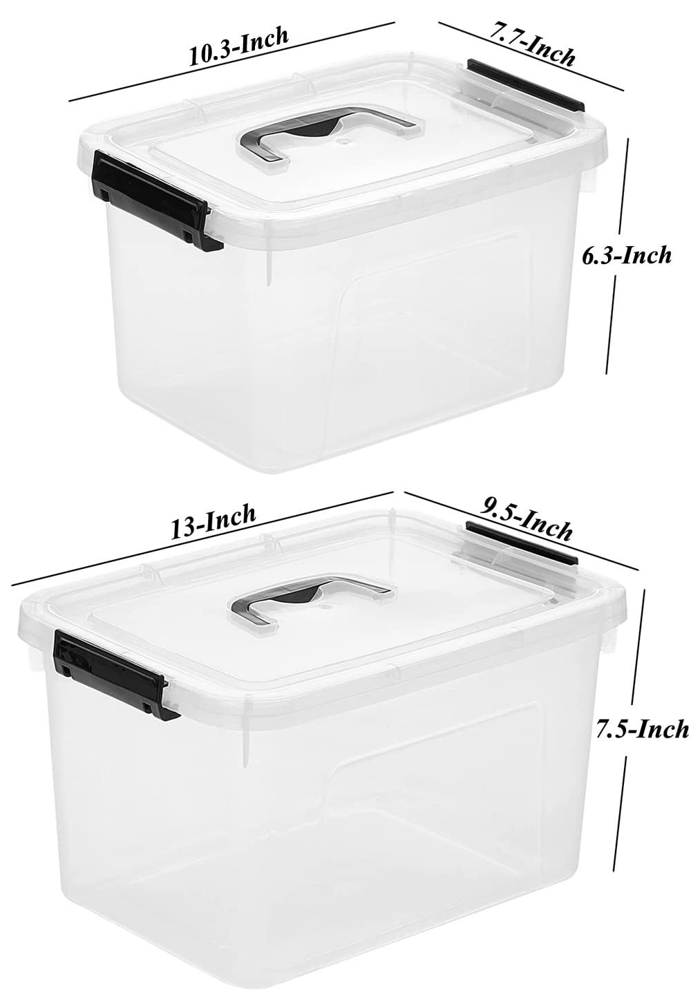 JUJIAJIA Clear Storage Latch Box/Bin, 2-Pack Plastic Organizing Container with Handle and Lids 7 QT/16QT