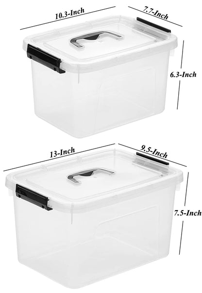 JUJIAJIA Clear Storage Latch Box/Bin, 2-Pack Plastic Organizing Container with Handle and Lids 7 QT/16QT