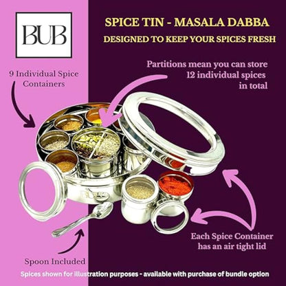Bub: Large 22cm Premium Spice Tin Masala Dabba | 9 Spice Jars with Individual Lids | Holds 12 Spices | Polished Stainless Steel with Serving Spoon & Clear Acrylic Lids | Spice Box (SPICE TIN 9)