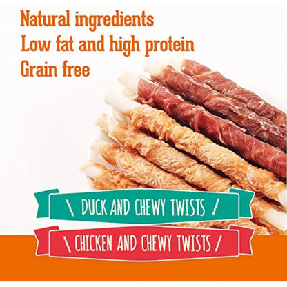 PACK'N PRIDE Dog Treats Chewy Twists, 20 Pack*90g=1.8kg, Rawhide Dog Chews with Natural Chicken&Duck Meat Winded, Low-Fat, and High in Protein for Small&Medium&Large Dogs