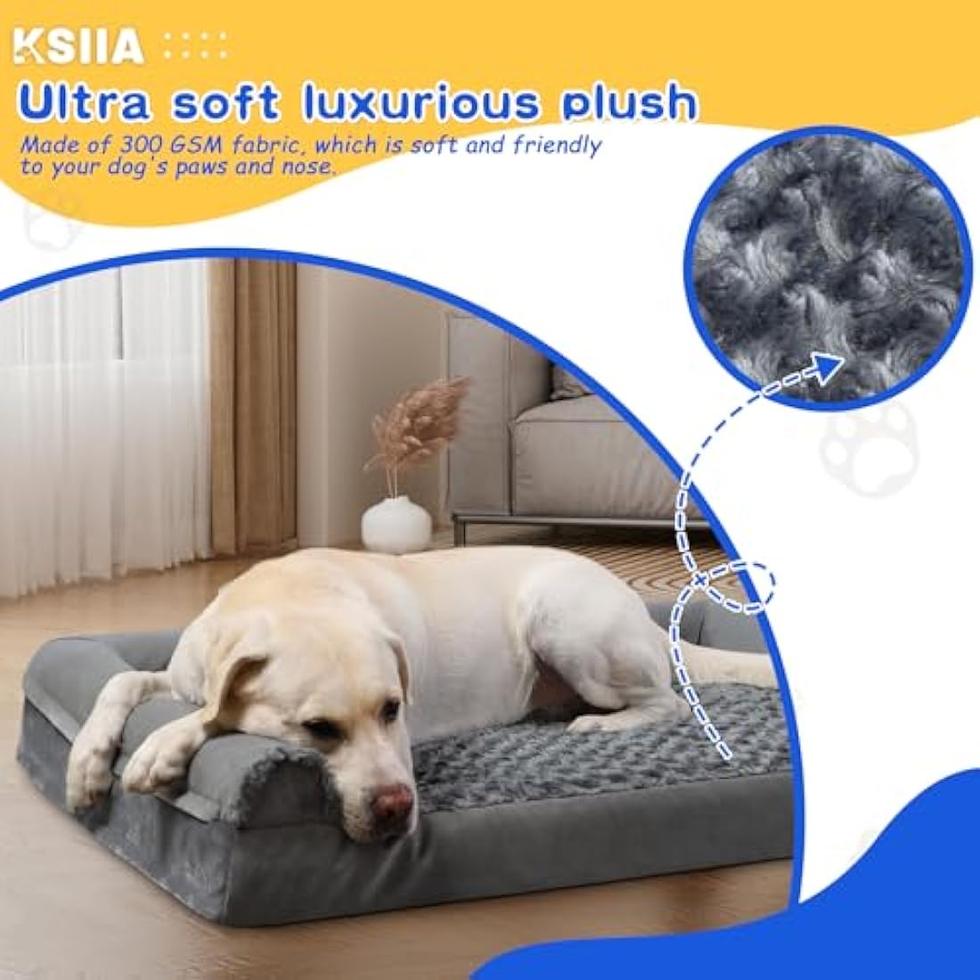 KSIIA Extra Large Dog Bed, XL Orthopedic Dog Sofa Beds with Removable Washable Cover, Waterproof Dog Bed, Pet Sofa Bed with U-Shape Bolster, Grey 111x81x18cm