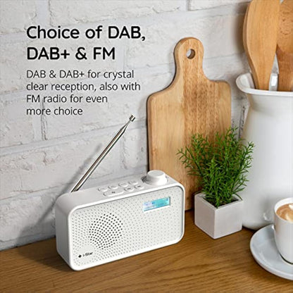 DAB Radio Portable, DAB Plus/DAB Radio, FM Radio Mains Powered or Battery, USB Charging, Clear LCD Display (White)