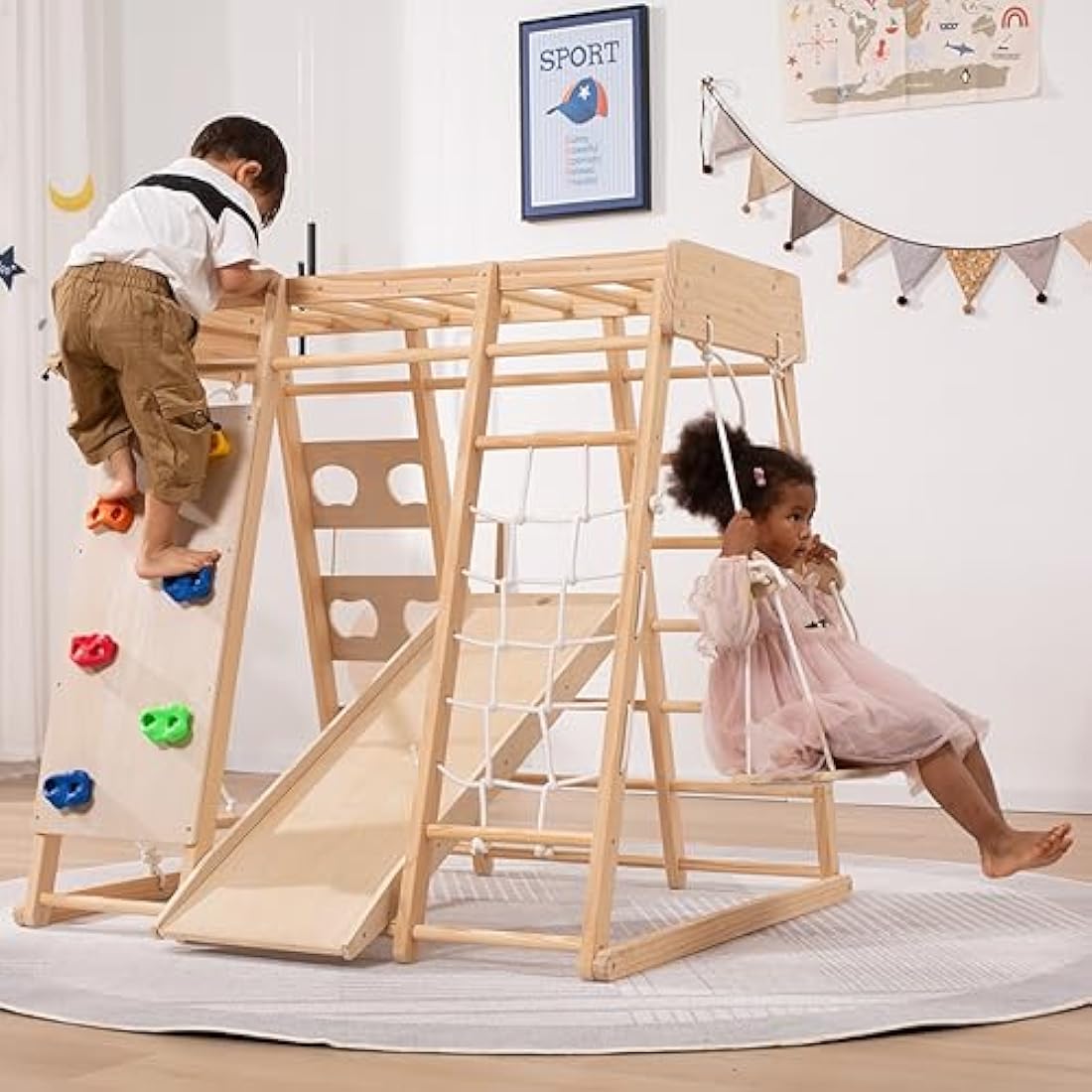 Giant bean Indoor Climbing Frame for Toddlers, Jungle Gym for 2-5yrs Kids,Toddlers Climber Toys 8-in-1 with Slide, Rock Climb Wall, Monkey Bars, Wood & Rope Ladder, Climbing Rope & Wall