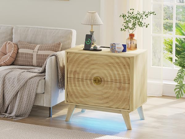 Ripple Led Bedside Table with Charging Station and Human Body Sensor,Nature