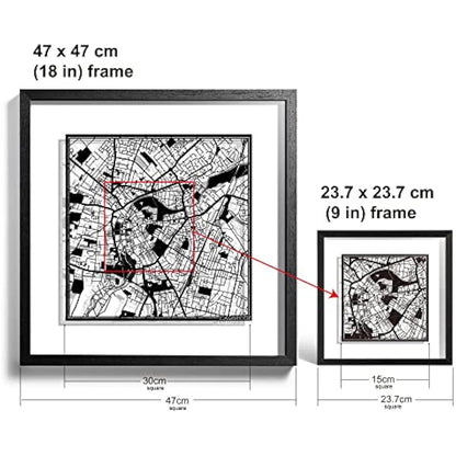 O3 DESIGN STUDIO Cambridge PPaper Cut Map framed, Black map, Black frame, 9x9 inches, Gift Boxed, 2 background color, self-changing, Paper Art