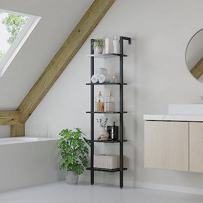 YMYNY Bookshelf Wall Mounted, Ladder Shelf, 5-Tier Bookcase Rack, Storage Unit with Metal Frame, Industrial Floating Wall Shelf for Living Room, Kitchen, Office, 40×30×178CM Black HBC015B