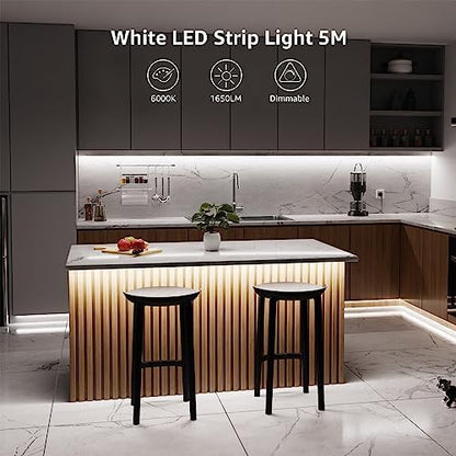 Lepro LED Strip Light White 5M 300 LEDs, 1650lm Dimmable Strip Lights for Kitchen, Cool White 6000K Daylight LED Strip for Under Units Cabinet Cupboards (12V Power Plug and Dimmer Switch Included)