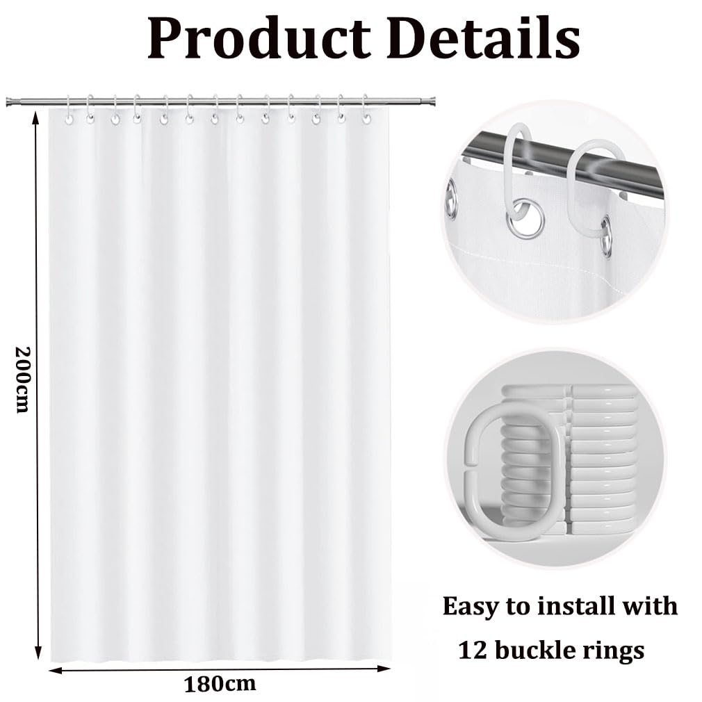 White Shower Curtain, 180 x 200 cm, Mould Proof and Mildew Resistant Extra Long Shower Curtain Liner, Mould Resistant Bathroom Curtains