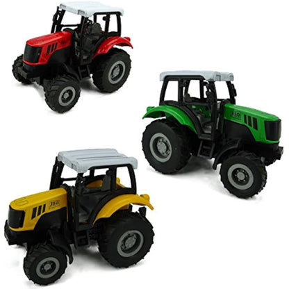 Pack of 3 - Die Cast Pull Back Tractor - Farm Toys - 1 Yellow, 1 Red, 1 Green Tractor