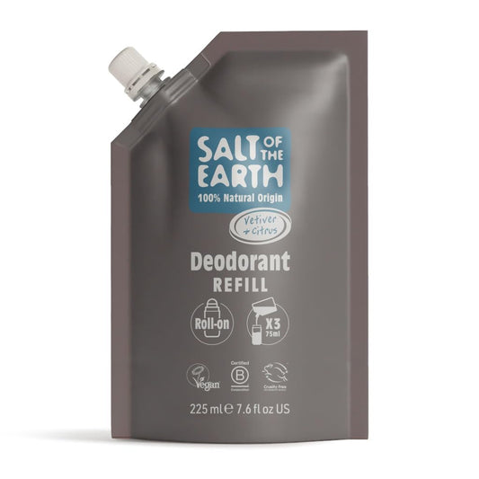Salt of the Earth - Natural Deodorant Roll On Refill Pouch, x3 Uses - Vetiver & Citrus - Vegan, Long Lasting Protection, Leaping Bunny Approved, Made