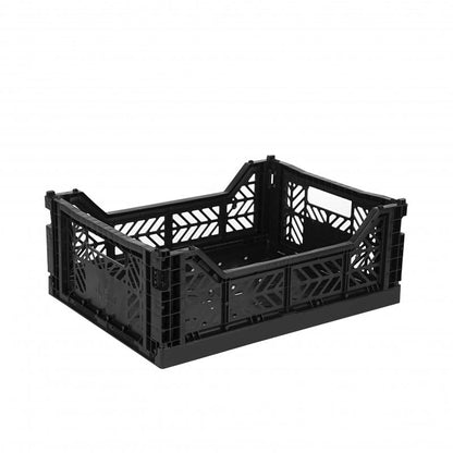 AYKASA Folding Crate, Sturdy Folding Box, Plastic, Stackable, Black, Midi 40 x 30 x 14 cm