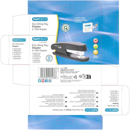 Rapesco 1482 ECO Sting Ray Stapler and 1000 x 24/6 mm Staples, 20 Sheet Capacity, Antibacterial Protection, Black