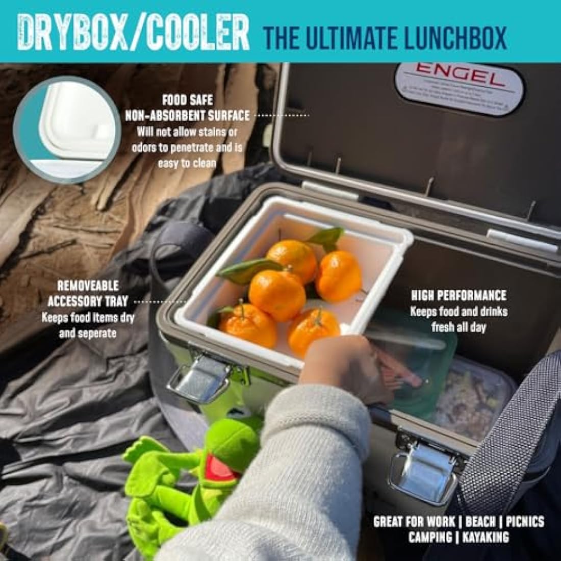 ENGEL Cooler Box 12.3 L - Leak-Proof, Air Tight, Drybox Cooler for Camping, Fishing, Hiking,Picnic - Mini Ice Boxes Large Enough for 15 Cans, 38 x 25.4 x 28.5 CM Small Cool Box for Drinks and Food