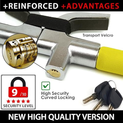 KRASER WA839Y Steering Wheel Lock High Security Bar, More Visible, Deterrent, Adjustable Double Hook Locking, Emergency Hammer, Universal Anti Theft Lock for Car, Truck, Van, Camper, Golf Cart
