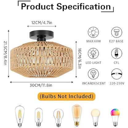 Schindora Boho Rattan Ceiling Lights,Vintage Chandeliers Ceiling Light E27 Rustic Braided Basket Lamp Shades Ceiling for Bedroom Living Room Kitchen Dining Hallway,Without Bulb