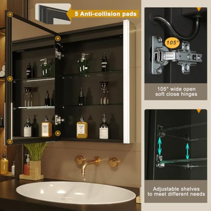 KWW LED Mirror Medicine Cabinet with Lights, LED Medicine Cabinet w/Defogger, Dimmer, 3 Color Light Makeup Mirror (55 x 70 cm)
