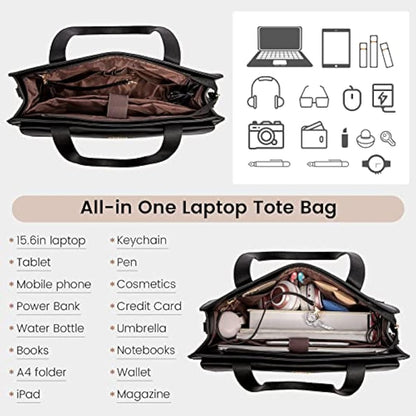 LOVEVOOK Laptop Bags for Women 15.6 Inch Ladies Work Bags Large Tote Bag with Laptop Compartment Designer Handbag Stylish PU Leather Briefcase for School Shoulder Bag for Office Business, Black