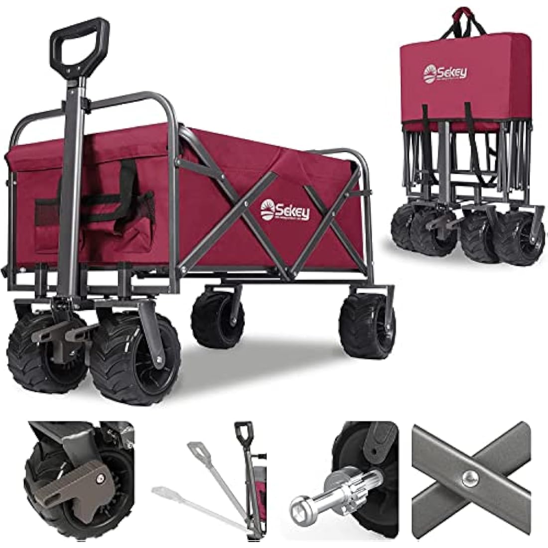 Sekey Folding Festival Trolley with Wide All-Terrain Wheels, 440LB Large Load Capacity, Heavy-Duty Camping Wagon with Brake, Sturdy Beach Garden Cart, Adjustable Handles & Drink Holders, Red