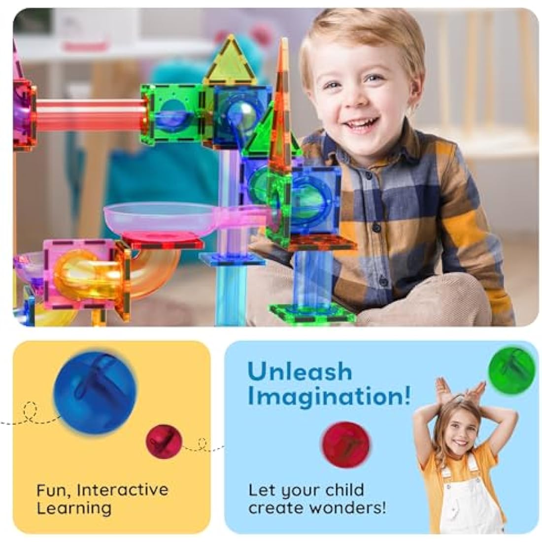 PicassoTiles Magnetic Marble Run Marbles for Kids Race Track Toy Set Marble Maze Sensory Toys for Toddlers STEM Educational Magnet Building Blocks Construction Building Tiles Boys Girls 3+