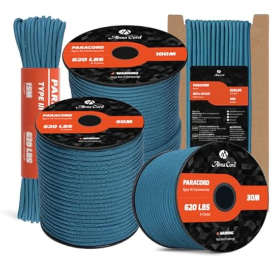 Abma Cord Paracord 4mm 100m 100% Nylon Rope 9 Strands Type III Parachute Cord for DIY, Camping, Survival, Outdoor - Max. 280kg - Teal