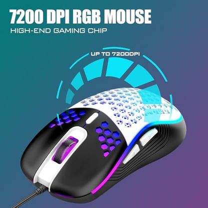 RedThunder 60% RGB Gaming Keyboard and Mouse Combo,UK Layout Ultra Compact Backlit Mini Keyboard, Lightweight 7200 DPI Cellular Optical Mouse, Portable Wired Gaming Set for PC PS5 Gamers (Black-White)